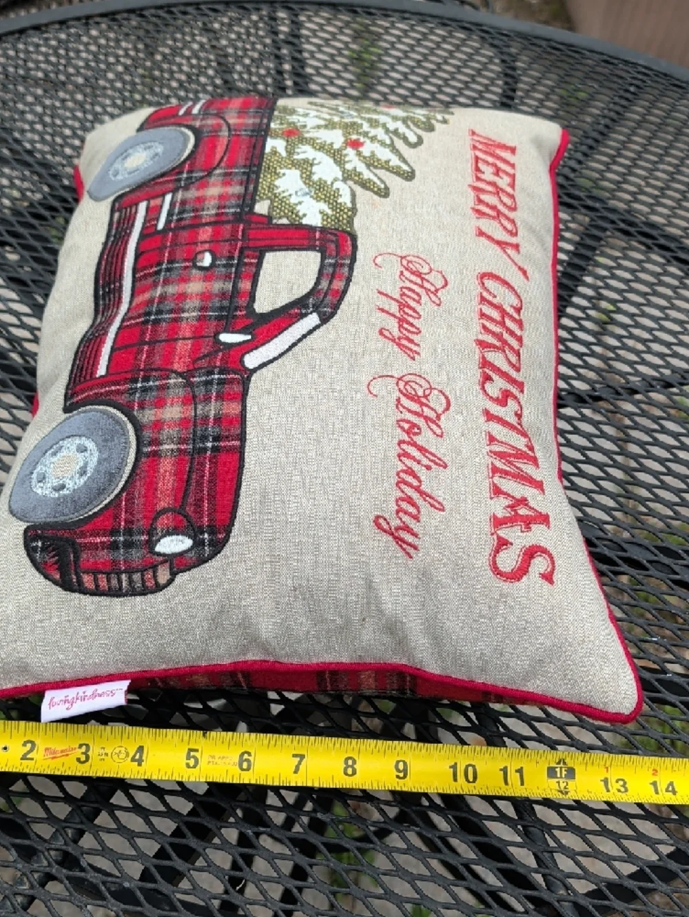 Red Plaid Truck W/ Christmas Tree Holiday Throw Pillow Merry Christmas Embossed